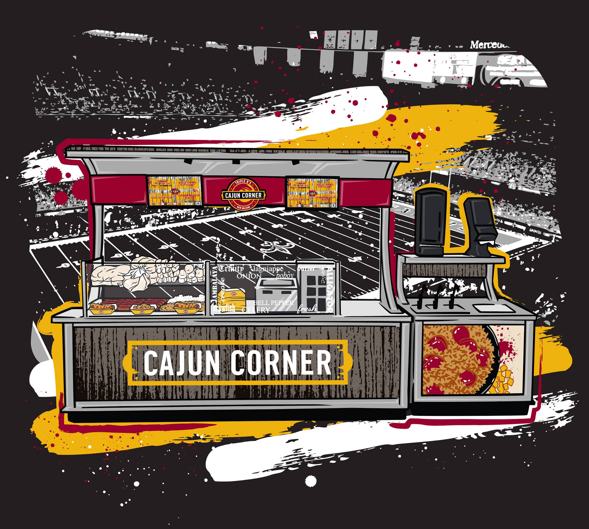 Illustrated artwork of the Triple B's Cajun Corner concession kiosk at the Caesars Superdome