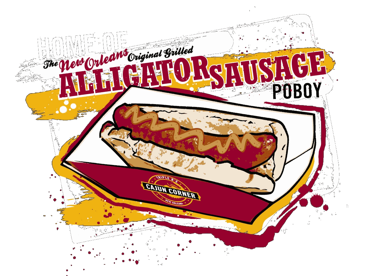 Triple B's hand-illustrated 'Home of the New Orleans Original Grilled Alligator Sausage Poboy' poster artwork